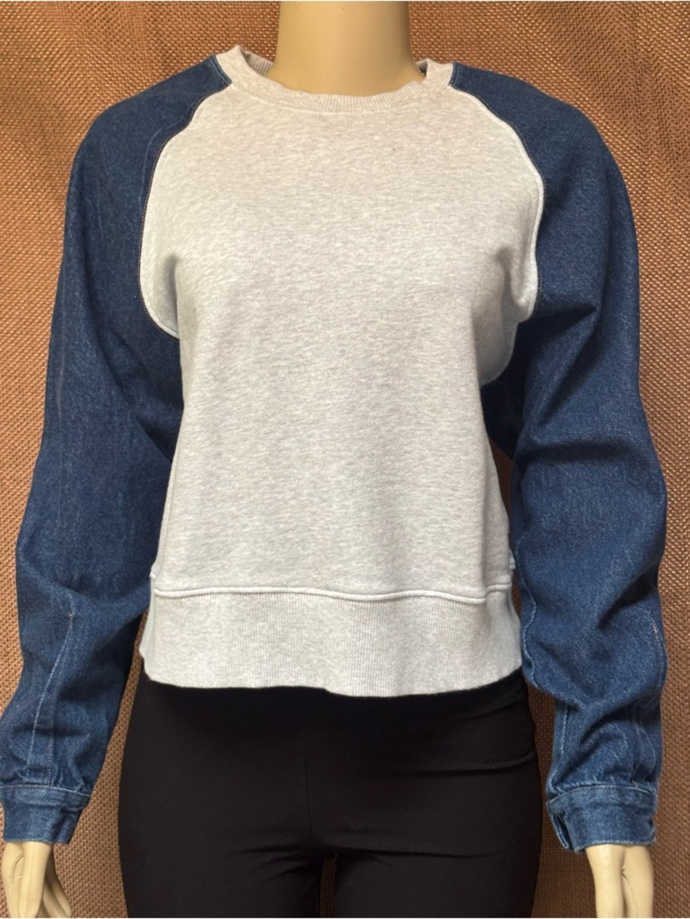 Zara Oversized Sz S Sweatshirt with Denim Raglan Sleeves - Light Gray & Blue